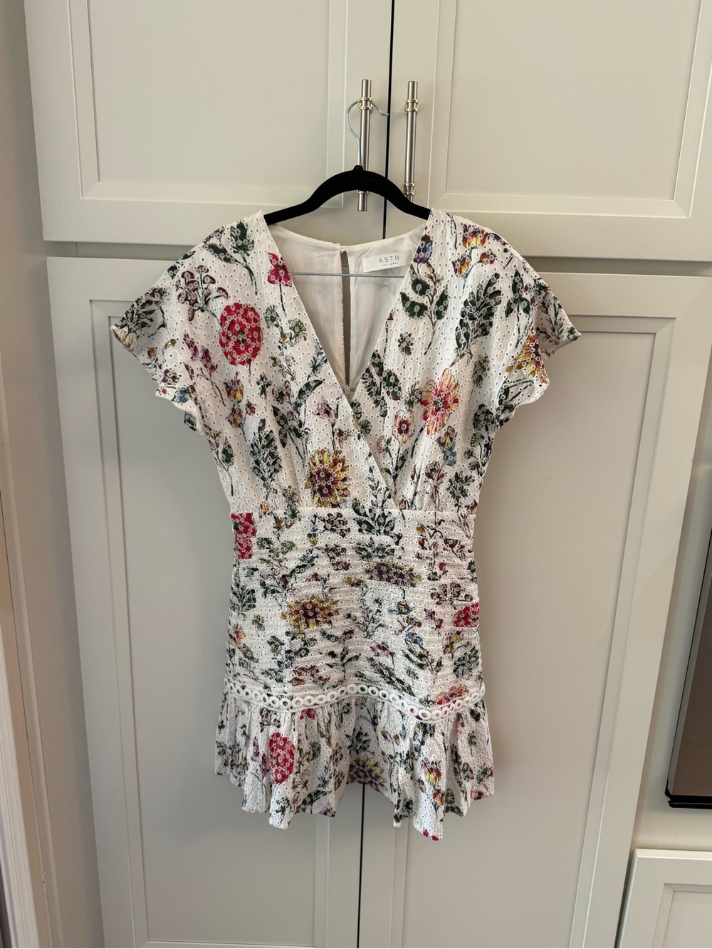 Astr White Floral Eyelet V-Neck Romper with Multicolor Blooms